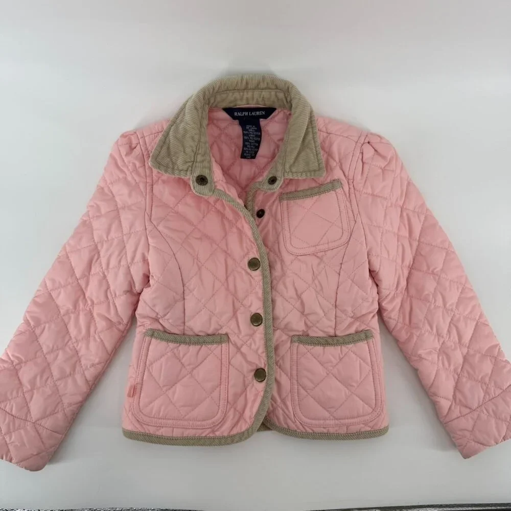 Ralph Lauren Jacket Girl 4 Pink Quilted Snap High Neck Casual Travel Outdoor - Picture 1 of 5